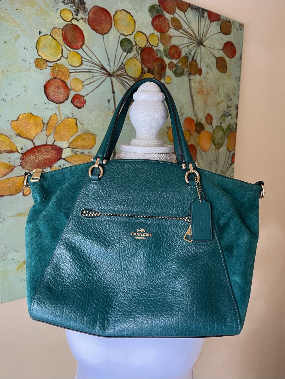 Coach Teal Leather and Suede Shoulder Bag with Gold Hardware